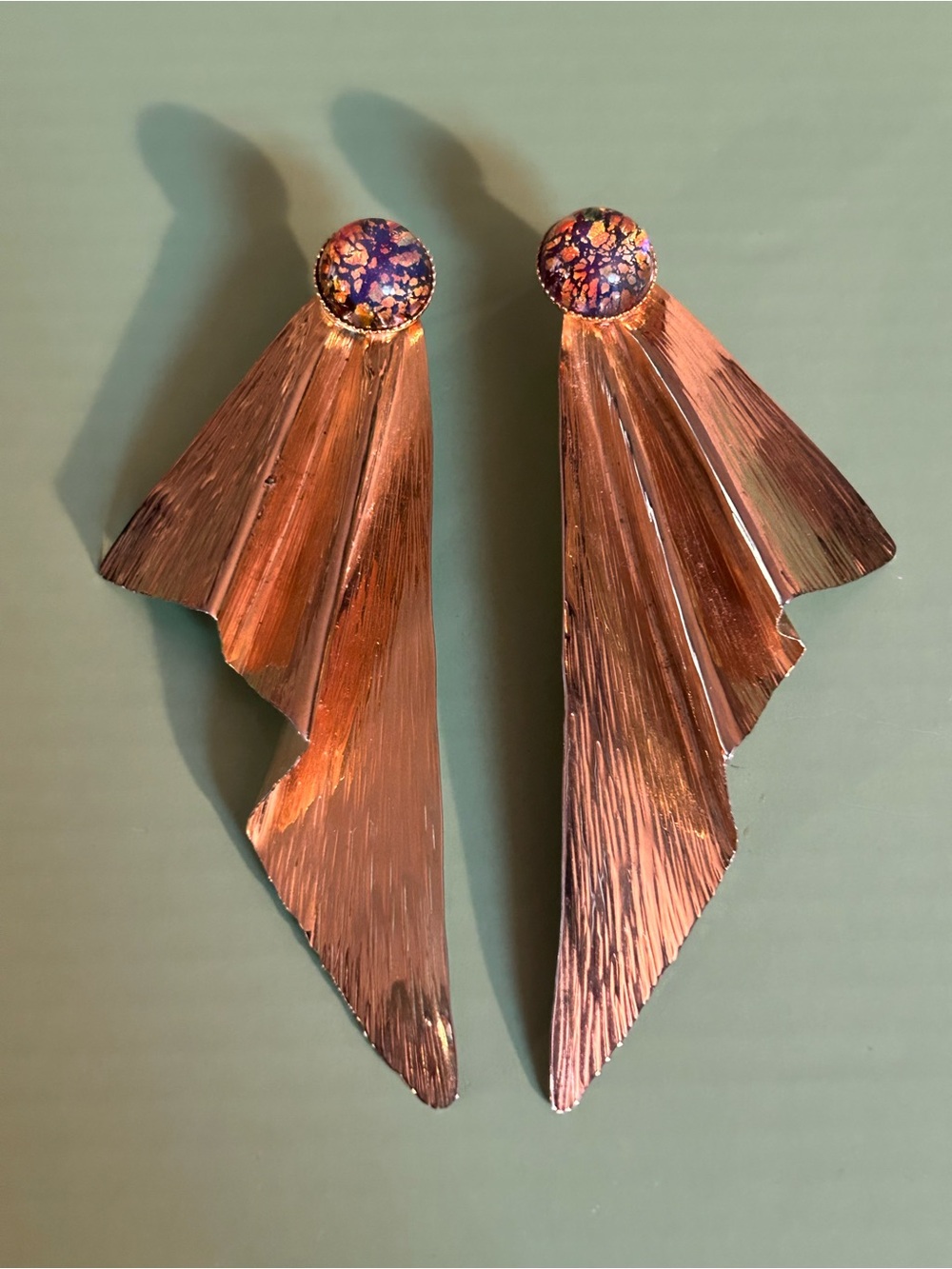 Handcrafted Gold Fan Drop Earrings with Speckled Accent